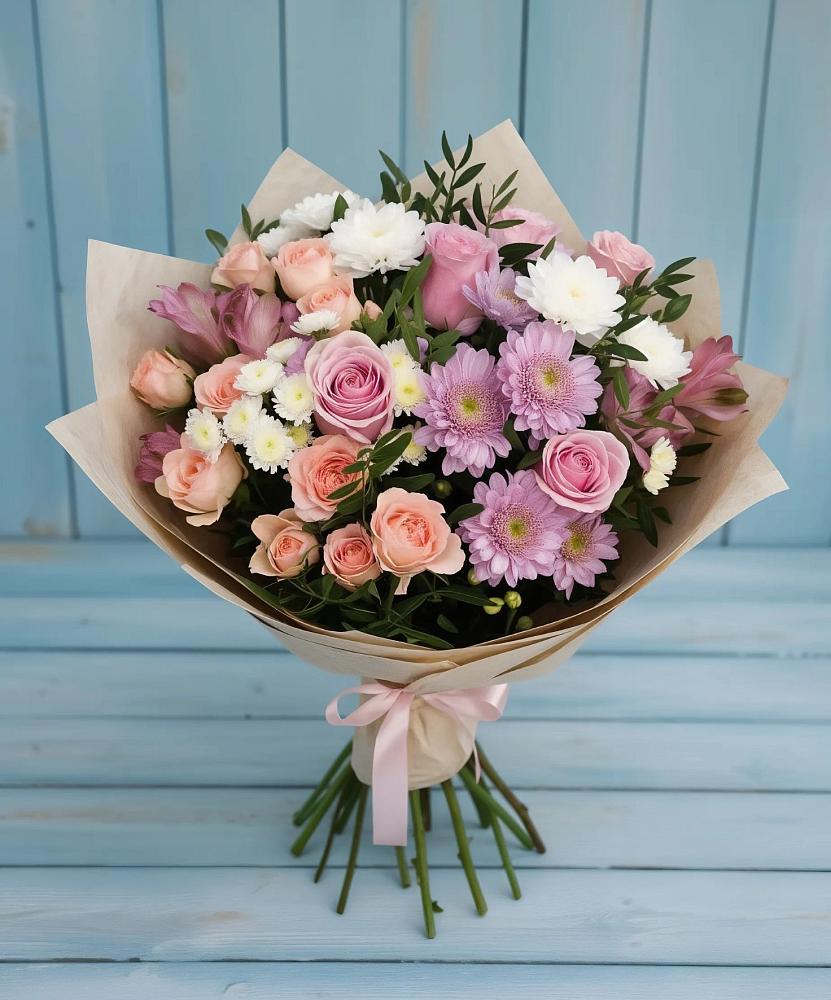 Букет цветов из: Хризантемы, Розы и Альстромерии в Столбовой