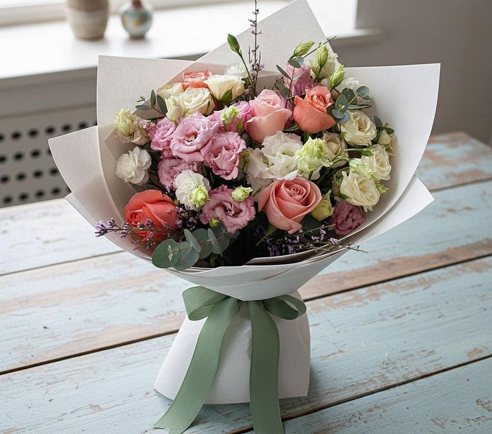 Букет цветов из: Розы, Лизиантусы и Гвоздики в Столбовой