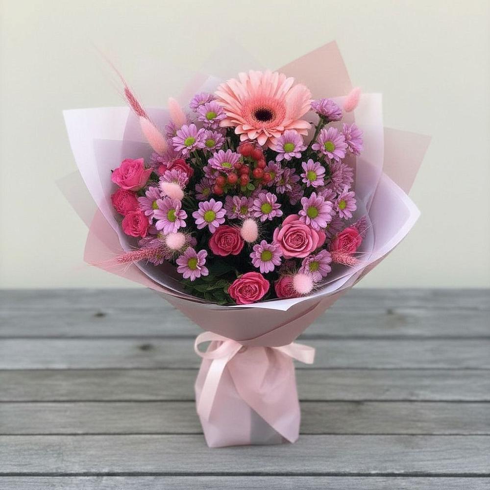 Букет цветов из: Розы, Герберы и Хризантемы в Столбовой