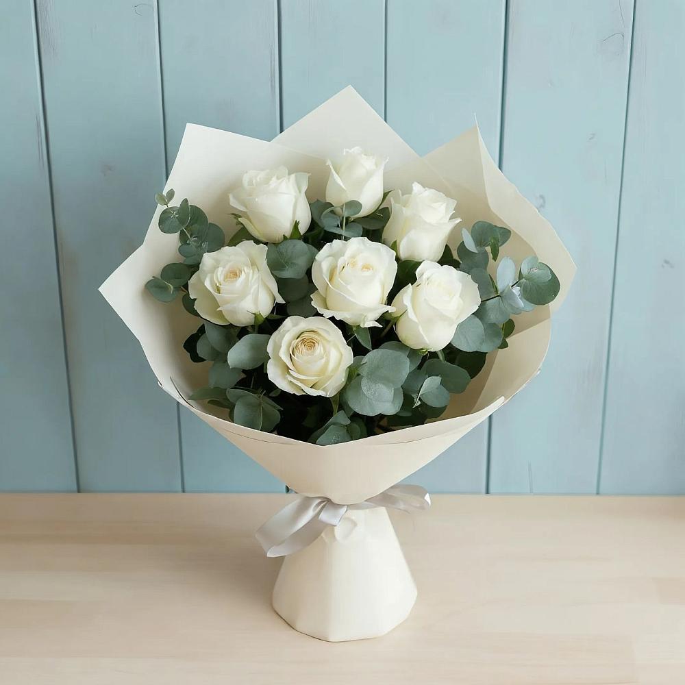 Букет Белые розы в Эвкалипте в Столбовой